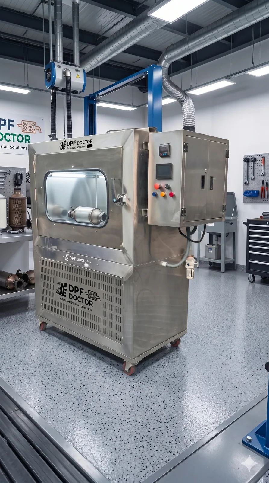 DPF cleaning machine in position beneath extraction hoses in a workshop bay