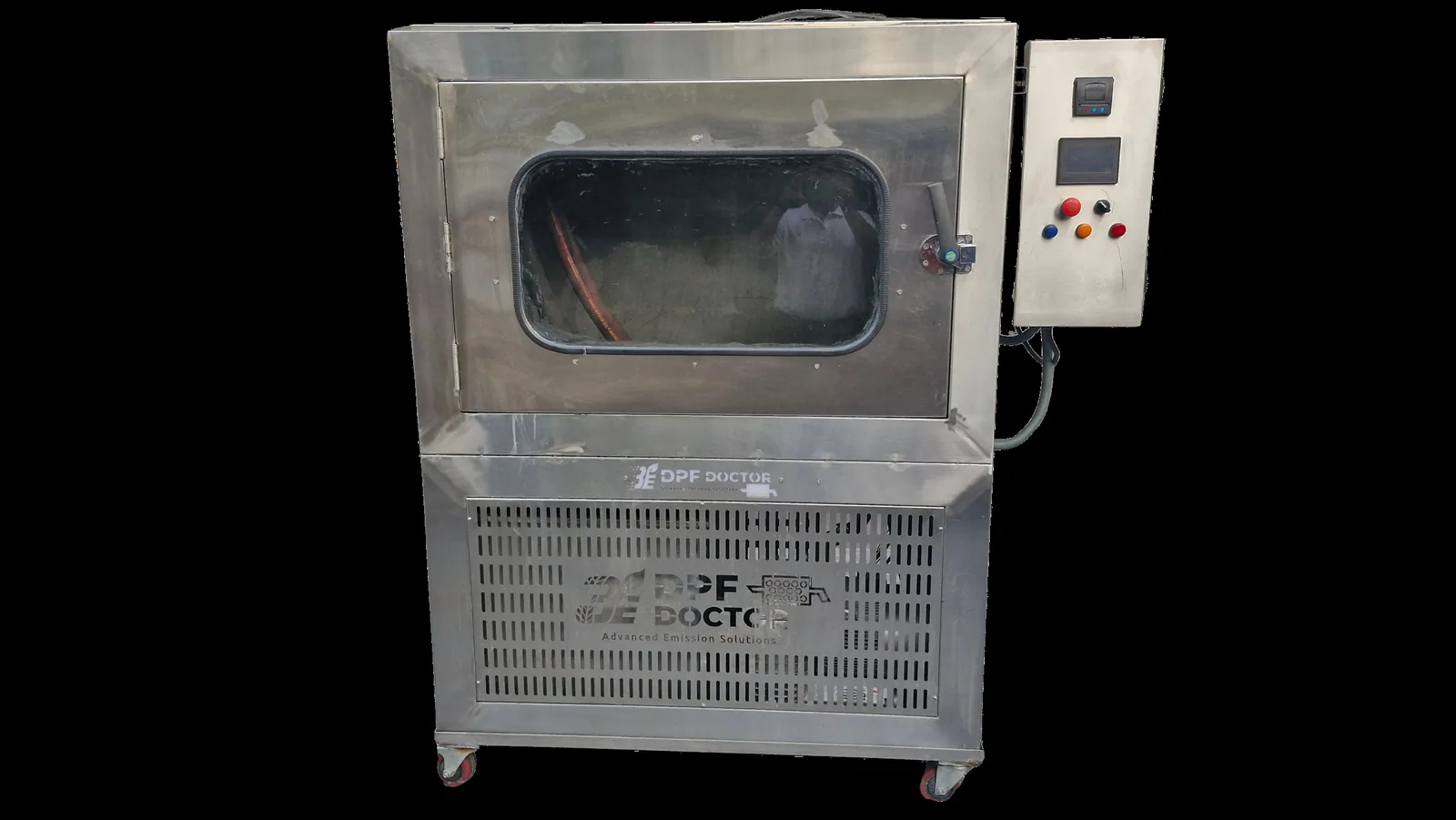 Front view of an industrial diesel particulate filter cleaning machine